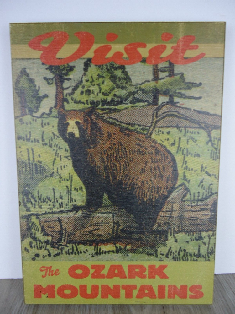 Rustic Cabin Wood Plaque Art Visit The Ozark Mountains Bear Landscape USA Decor