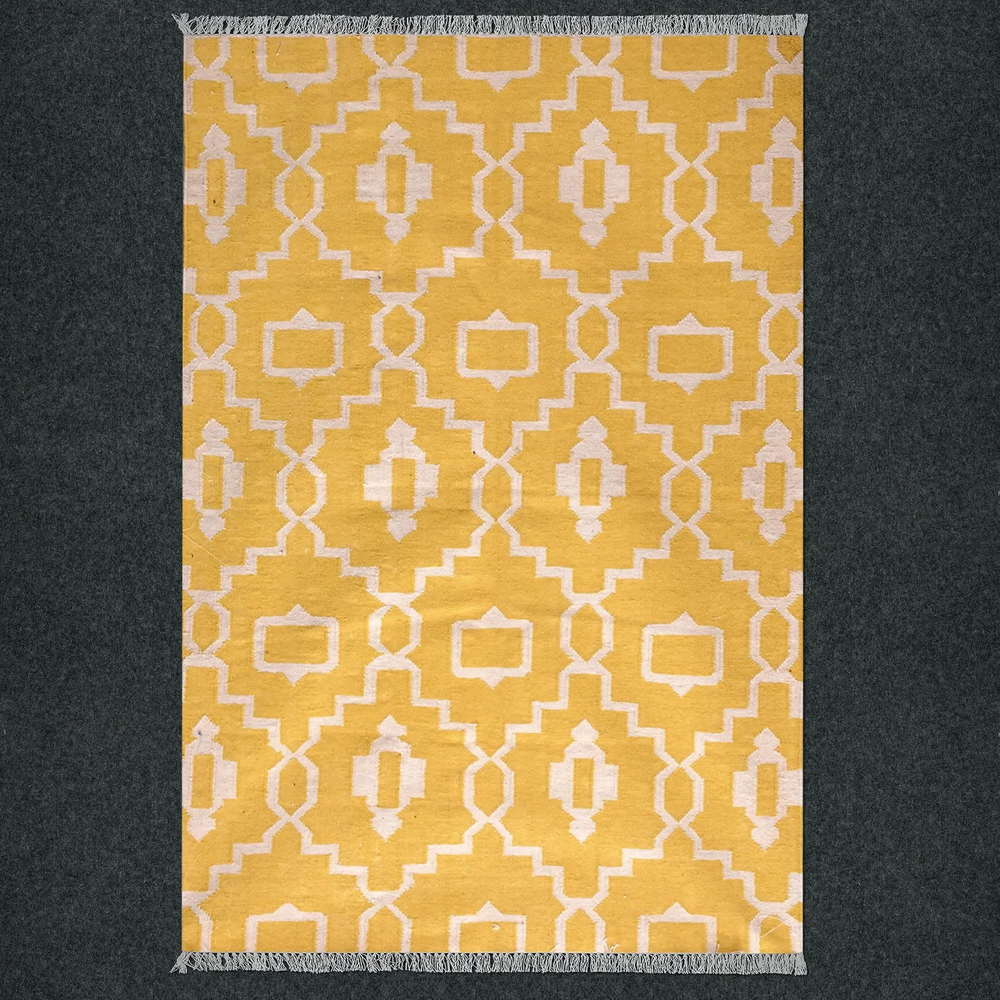Modern Handmade Cotton/Wool Dhurrie Rug Color Yellow and White Design Carpet Rug