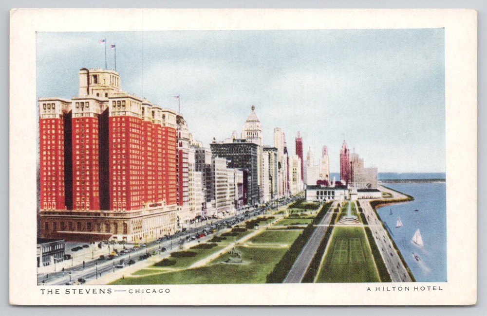 Stevens Hotel Chicago Michigan Ave Grand Park Lake Michigan Postcard