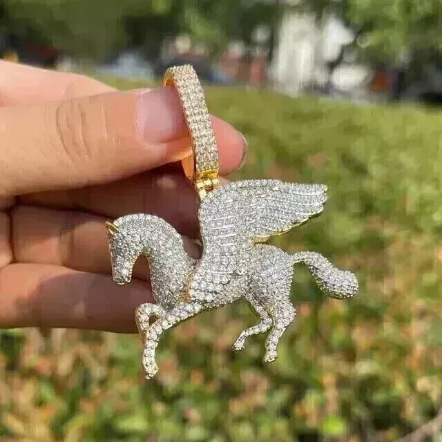 2.5Ct Round Moissanite Wing Horse Pendant in 14K Yellow Gold for Men  