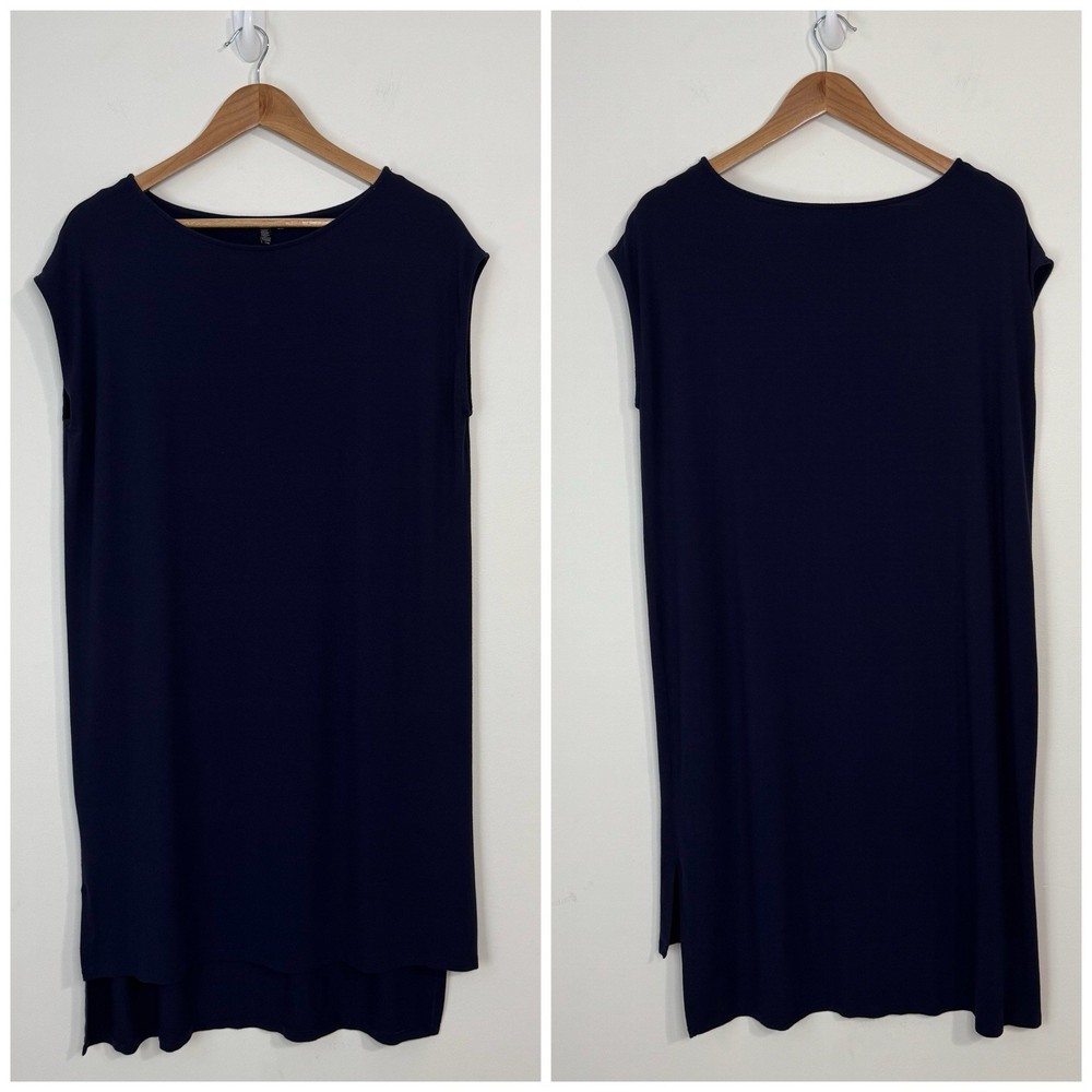 Eileen Fisher Jersey Knit Sleeveless Tunic Dress Size L Navy Stretch Hi-Lo Hem