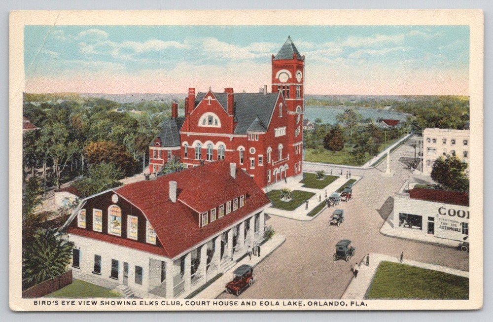 Vintage Orlando FL Postcard - Elks Club, Court House, Eola Lake Bird's Eye