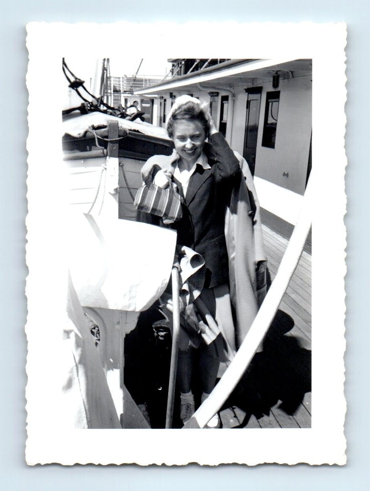 Old Vintage Photo WOMAN ABOARD CRUISE SHIP LIFEBOAT BOAT DECK SNAPSHOT PIC