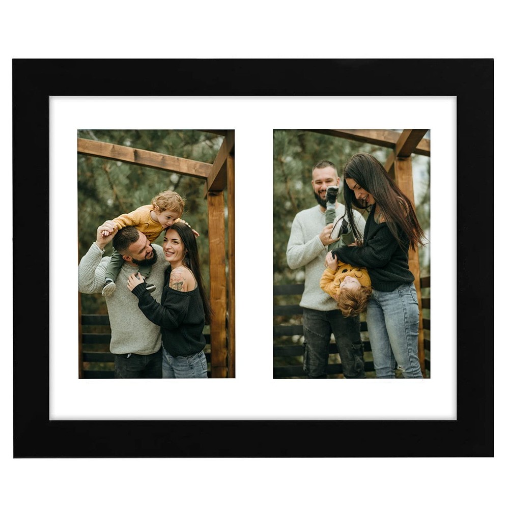 8x10 Double Picture Frame Black for Display Two 4x6 Pictures Made of Solid Wo...