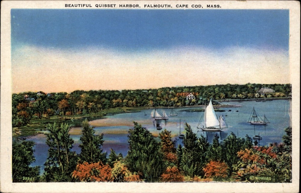 Quisset Harbor Falmouth Cape Cod Massachusetts sail boats ~ 1930s linen postcard