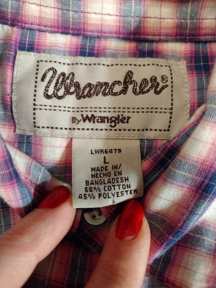 Wrangler Wrancher Shirt Women’s SZ L Pink Pearl Snap Plaid Flannel Western Shirt