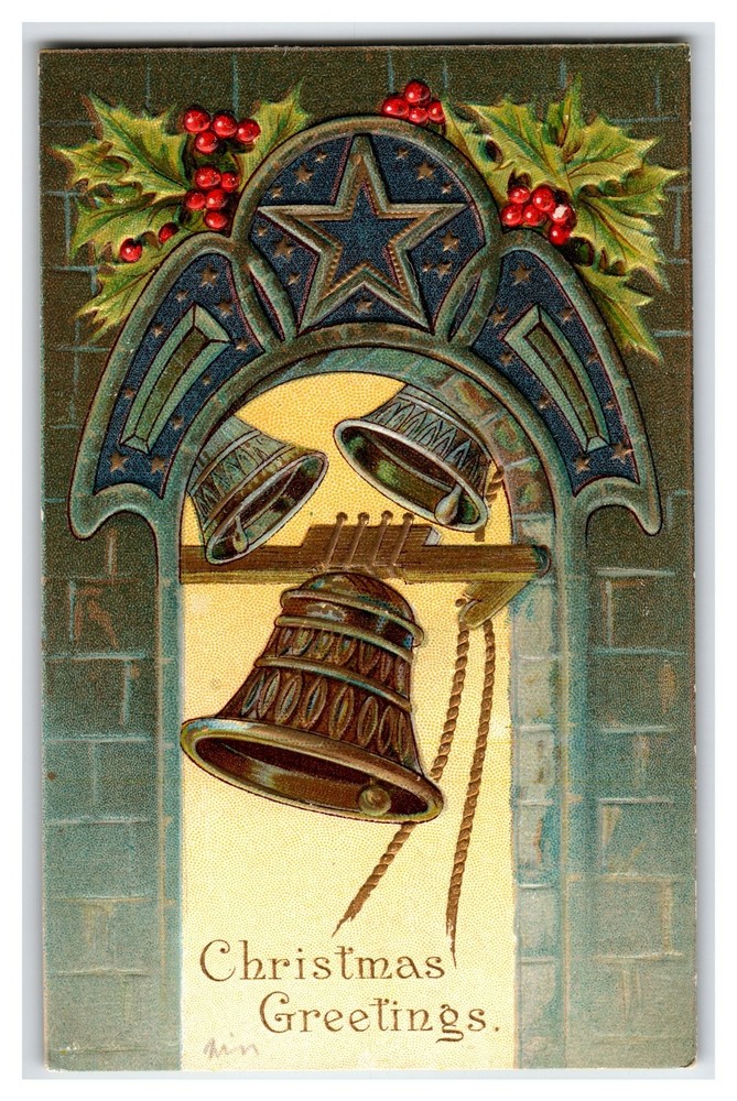 Vintage 1910 Embossed Christmas Bells Holiday Postcard Holly