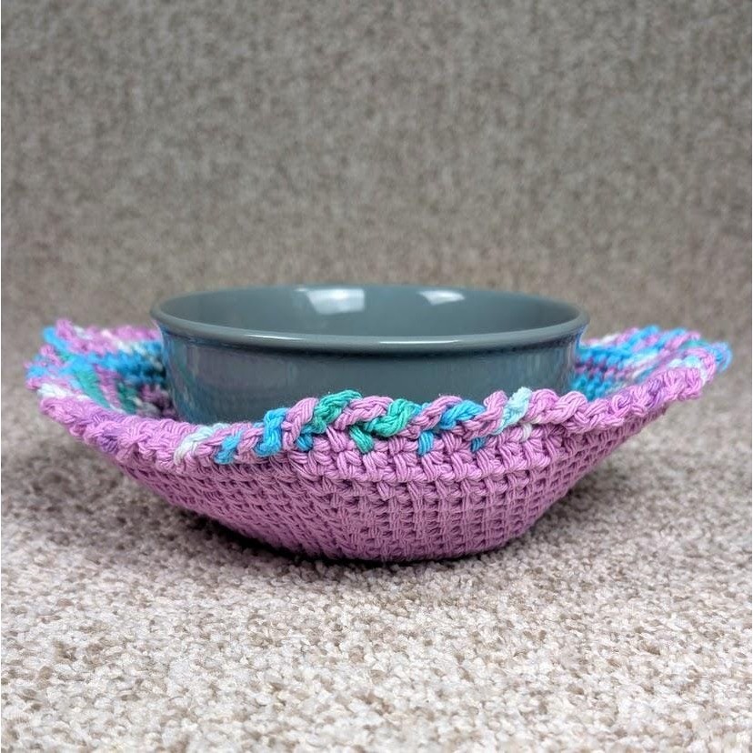 Handmade Reversible Crochet Bowl Cozy Hot Pad in Purple Blue Unique Design  