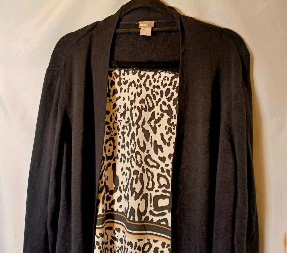 Chico's Women's XL Long Open Front Cardigan Duster Animal Print Black Knit