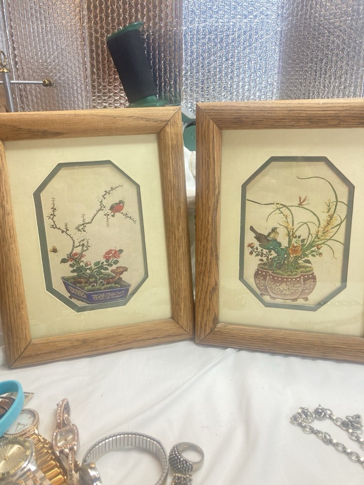 Vintage HOMCO Pictures Oriental Birds Bonsai Tree  Wood Frame Pair 7.5x 9.5”