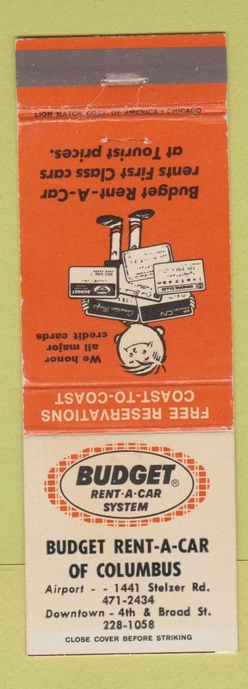 Matchbook Cover - Budget Car Rentals Columbus OH