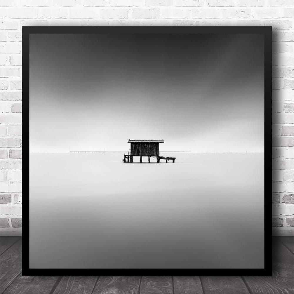 Fine Art Black White Minimal Fisherman Hut Square Wall Art Print