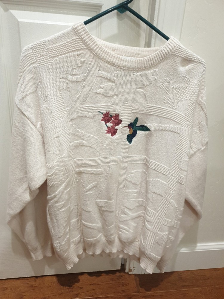 Vintage Isle Of Cotton Sweater Mens Large W/Hummingbird Flower  Crewneck USA 90s
