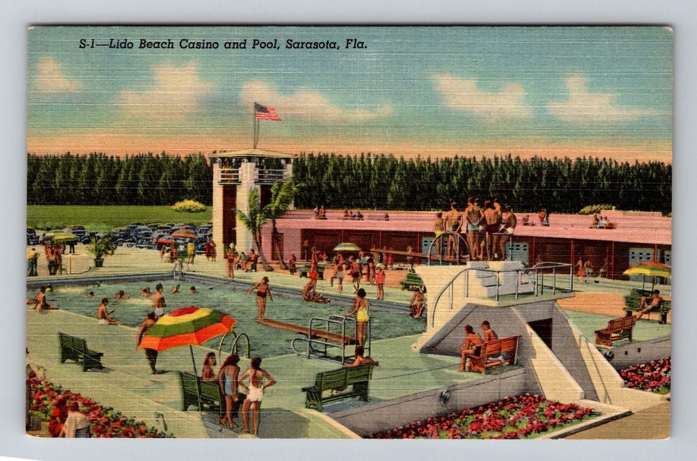 Sarasota, FL-Florida, Lido Beach Casino Pool Resort Vintage Postcard