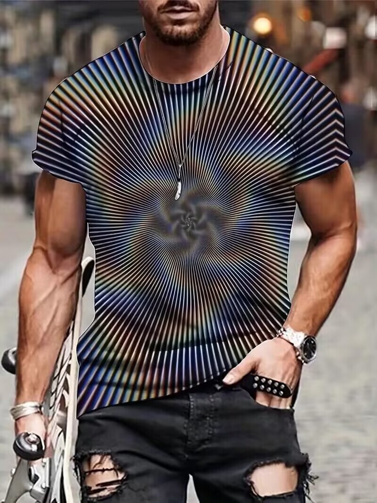 Men T-Shirt Abstract Print Novelty Pattern Black Yellow Casual Short Sleeve Tee