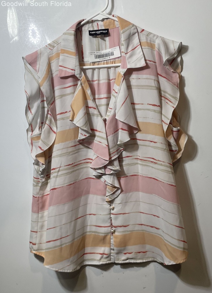Karl Lagerfeld Womens White Pink Striped Sleeveless Ruffle Blouse Top Size Large