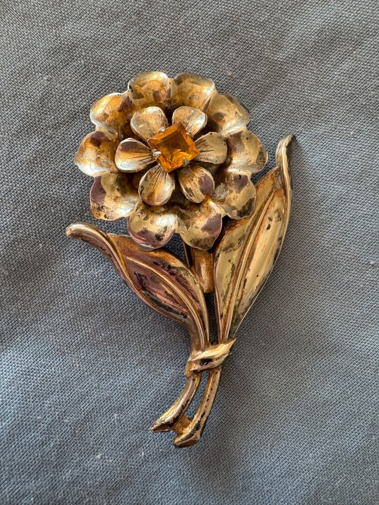 Vintage Silver-tone Metal Flower Orange Rhinestone Textured Broch Sterling
