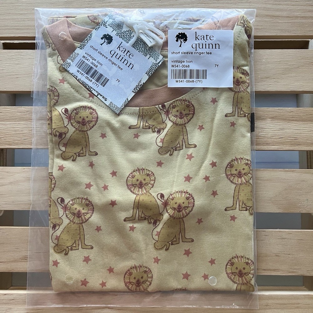 NIB Kate Quinn 7Y Short Sleeve Ringer Tee Vintage Lion Bamboo