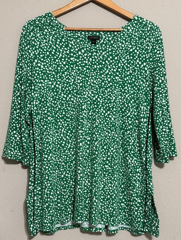J Jill Green Polka Dot Top Tunic Size M 3/4 Sleeve Careercore Rayon Stretch