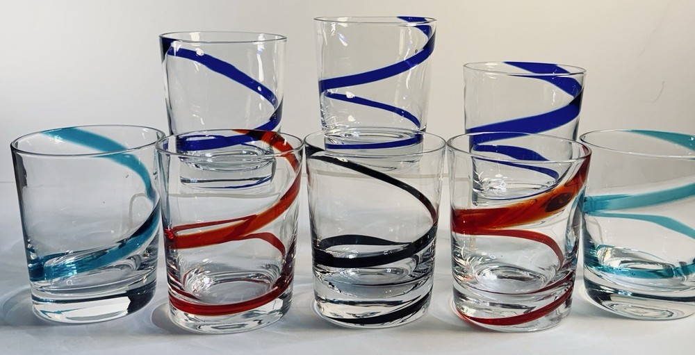 Set Of 8 Pier 1 Swirline Rocks Glasses - Red,Blue,Turquoise,Black Retro