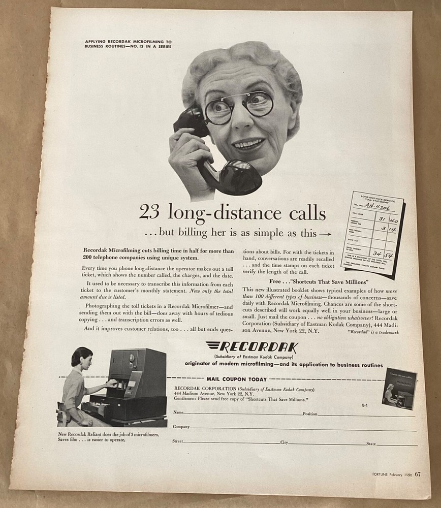 Kodak Recordak print ad 1956 vintage 1950s art illustration film photography