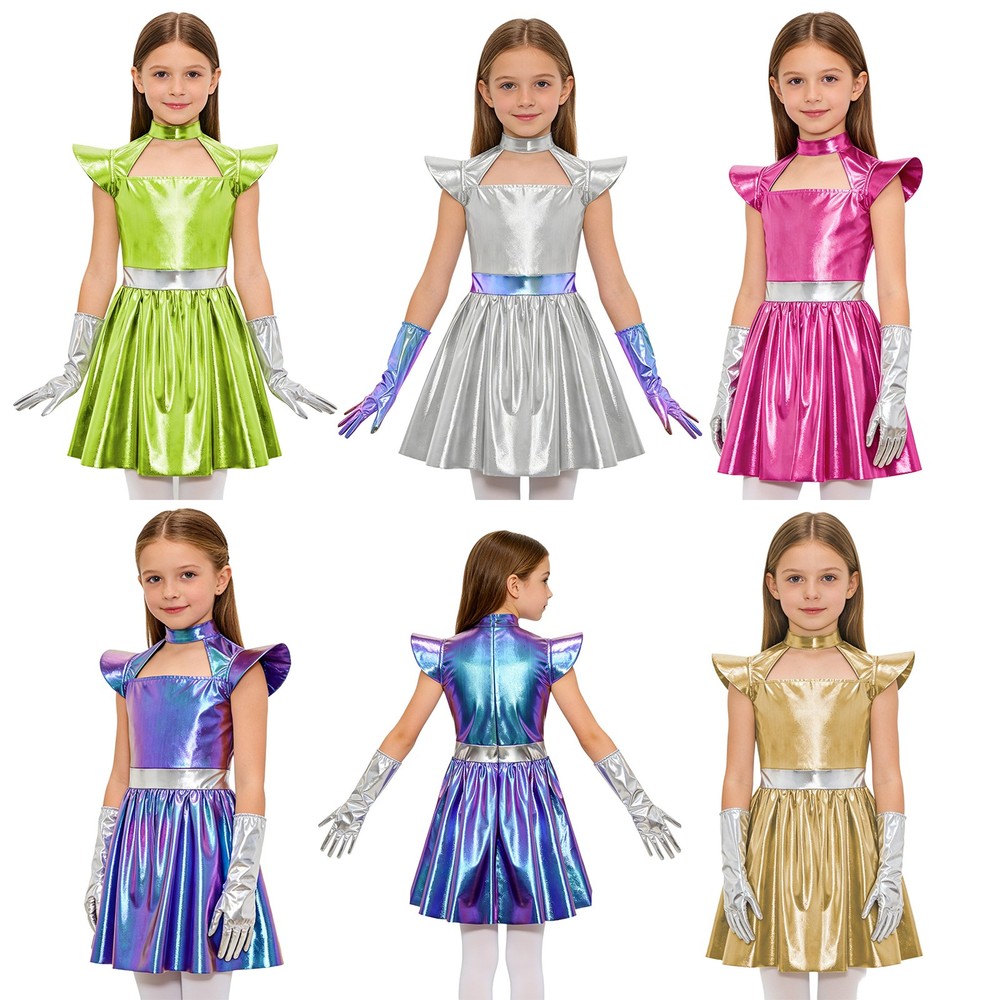 Girls Dress Sparkly Cosplay Costume Dress Up Alien Costume School Play Shiny