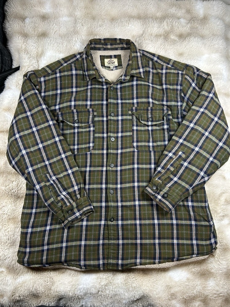 Levi's Mens 2XL Sherpa Lined Flannel Jacket Shacket Button Up Green Plaid