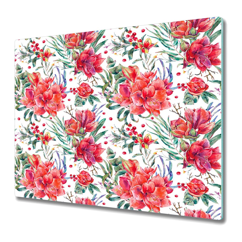 Glass Chopping Board Utensil Exotic Flowers | Tropical Colourful Artwork | 60x52