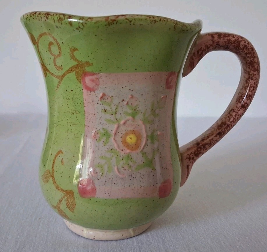 Vtg Green Spatter Earthenware Coffee Mug Raised Floral Pink Brown Scrolling