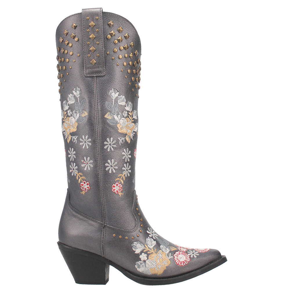 Dingo Poppy Grey Floral Embroidered Studded Snip Toe Cowgirl Boots for Women