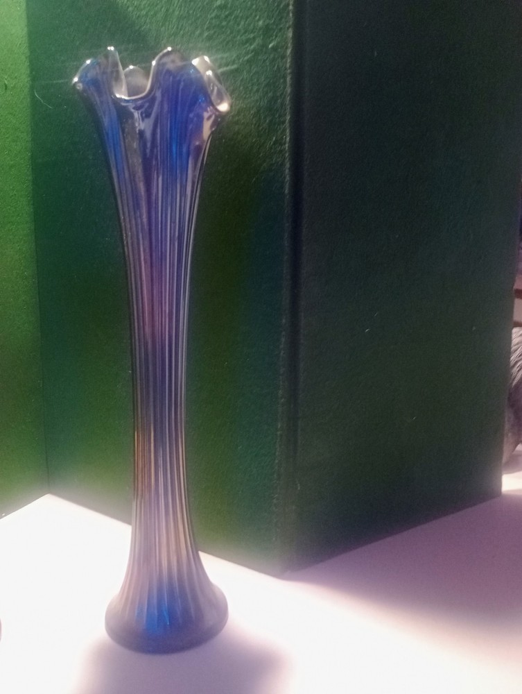Fenton Carnival Glass 16.75 Purple to Blue  Iridescent Ruffled Edge Vase 16.75