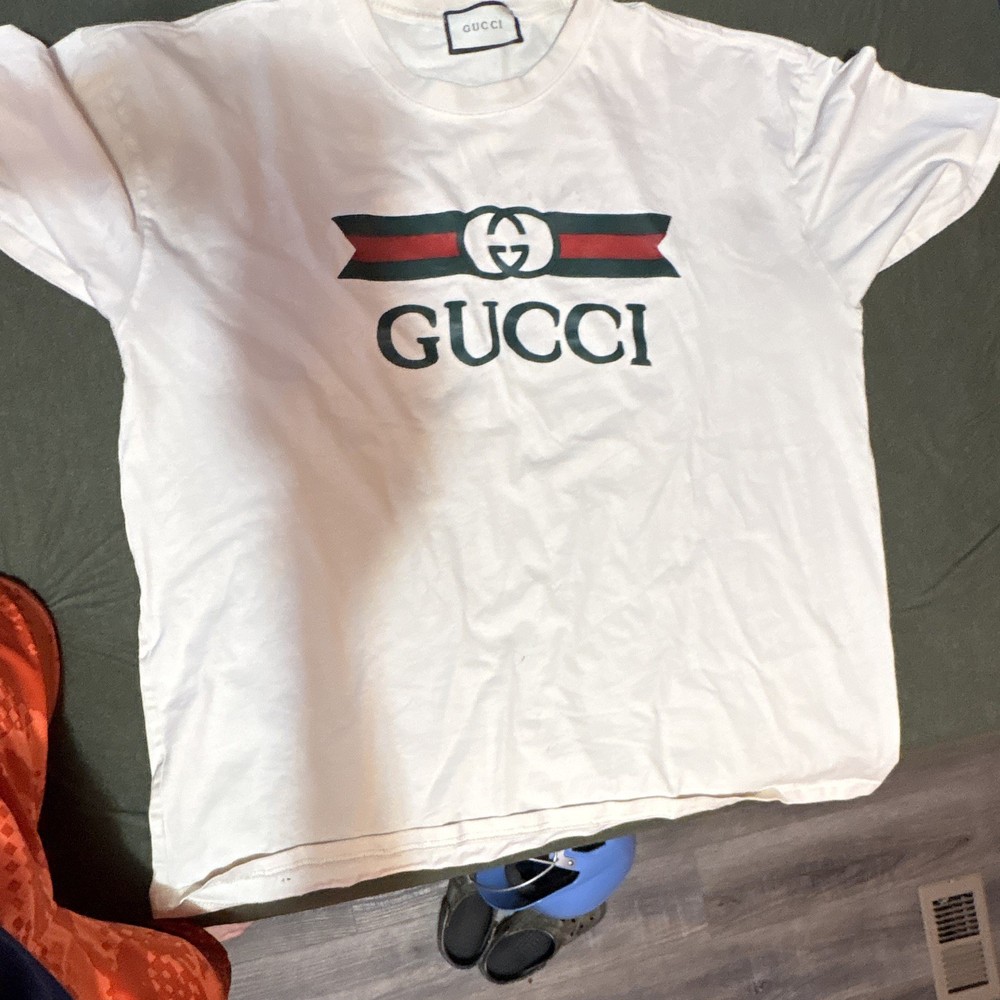 Gucci White Graphic Logo T-Shirt Men's 2XL Short Sleeve Cotton Jersey