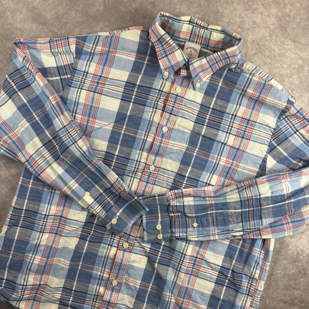 Brooks Brothers Regent Shirt Mens XL Blue Plaid Long Sleeve Button Up Preppy