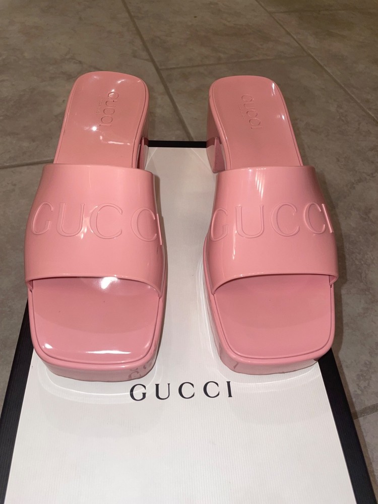 Authentic GUCCI Pink Wild Rose Rubber Platform Slide Sandals Women US8 $375