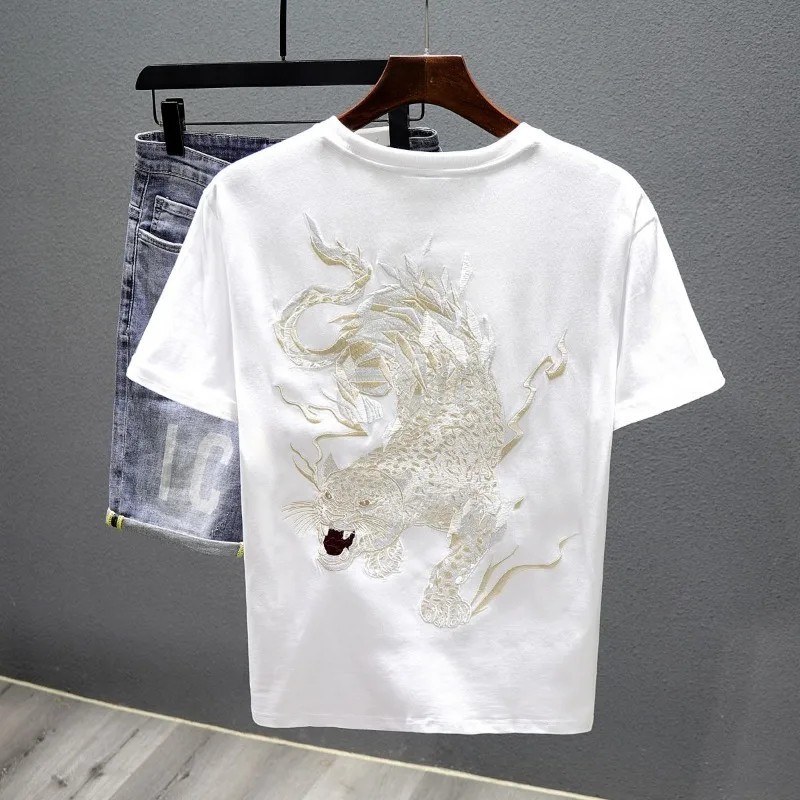 Men's Panther Embroidery Short Sleeve T-Shirt Urban Streetwear Casual Tee