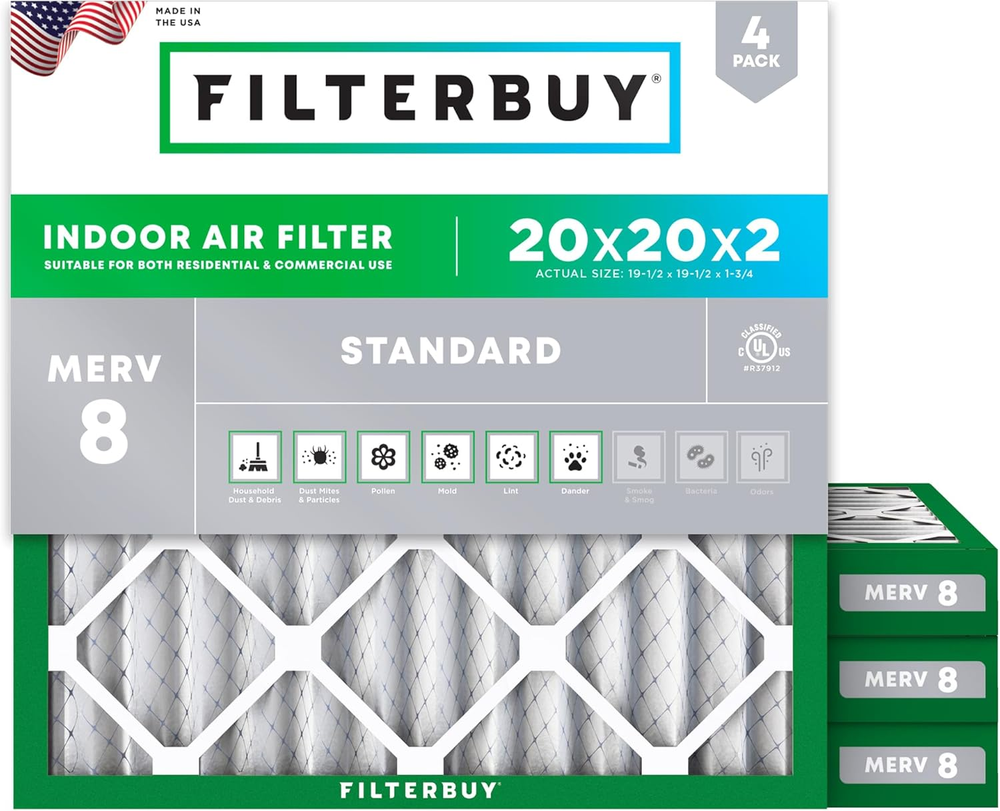20X20X2 MERV 8 Pleated HVAC Air Filter 4-Pack for Dust Defense