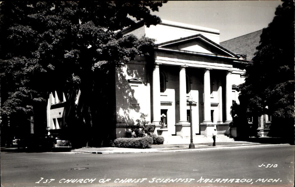 1st Church of Christ Scientist Kalamazoo Michigan RPPC real photo 1940s cars