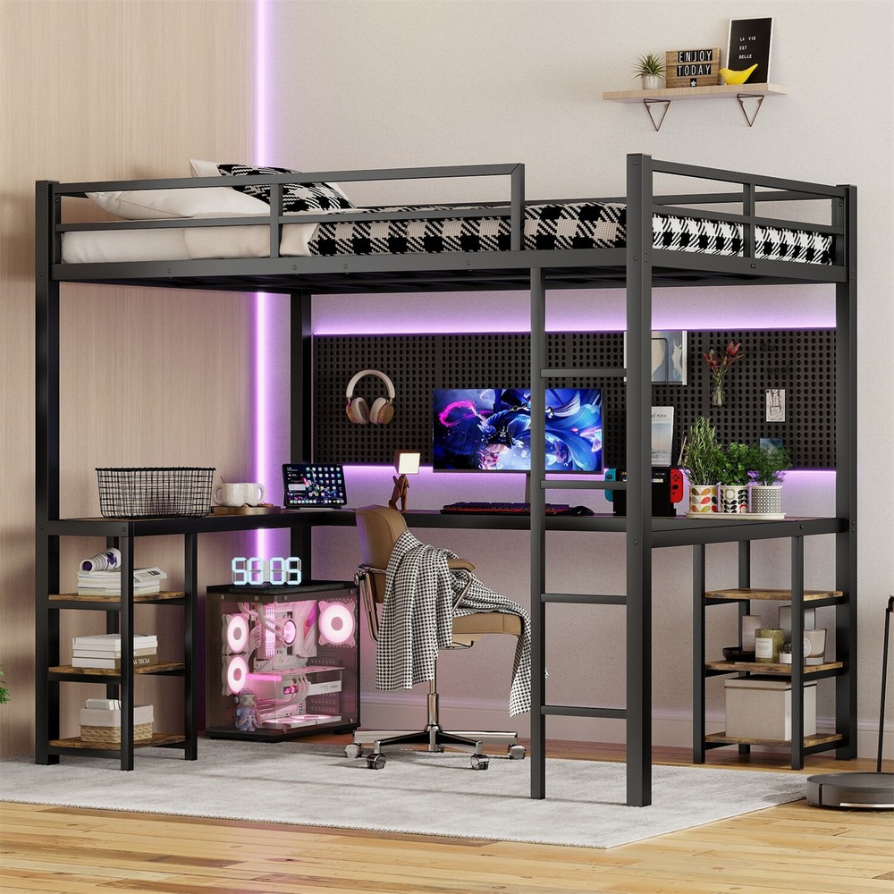 Full XL Size Loft Bed Metal Bed Frame with Desk & Storage Shelves & Ladder Black