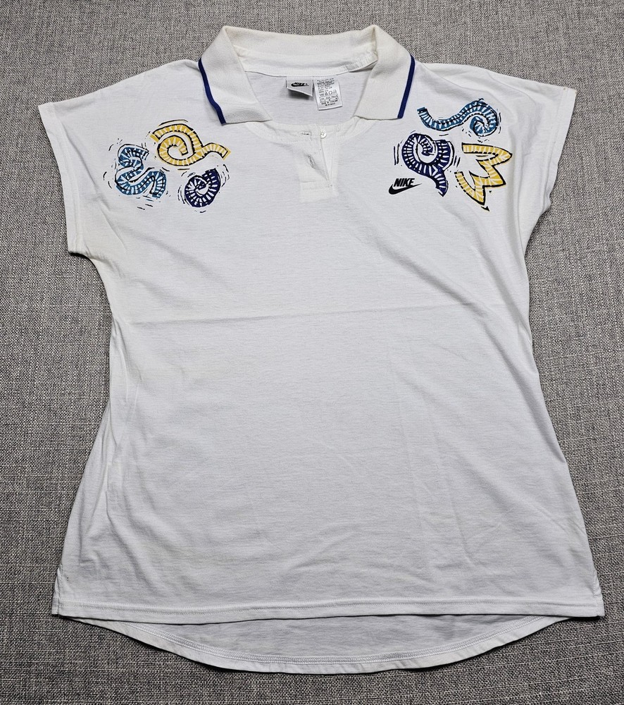 VTG Nike Polo Shirt Womens Medium White Tennis Abstract Graphic Swoosh Golf-image