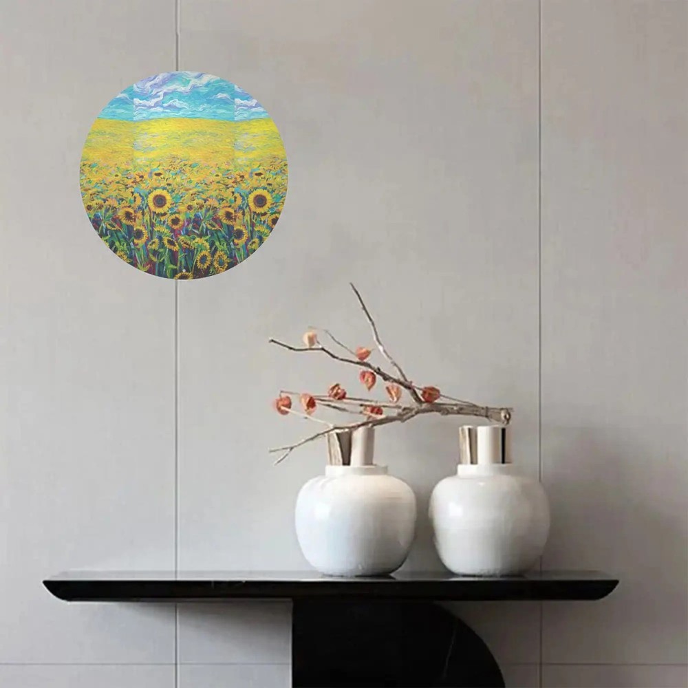 Vintage Round Metal Wall Art Yellow Orange Flowers Design