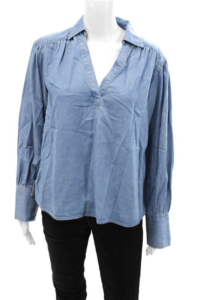 Madewell Womens Denim Print Collared V-Neck Long Sleeve Blouse Blue Size SFree Shipping in US $100+ Orders | $6.95 Orders Below