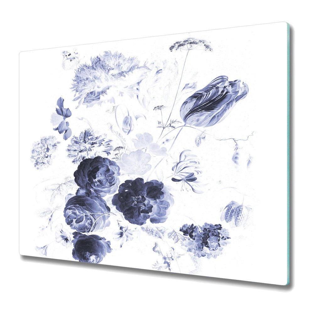 Glass Worktop Saver Kitchen Royal blue vintage Large flowers Floral 60x52