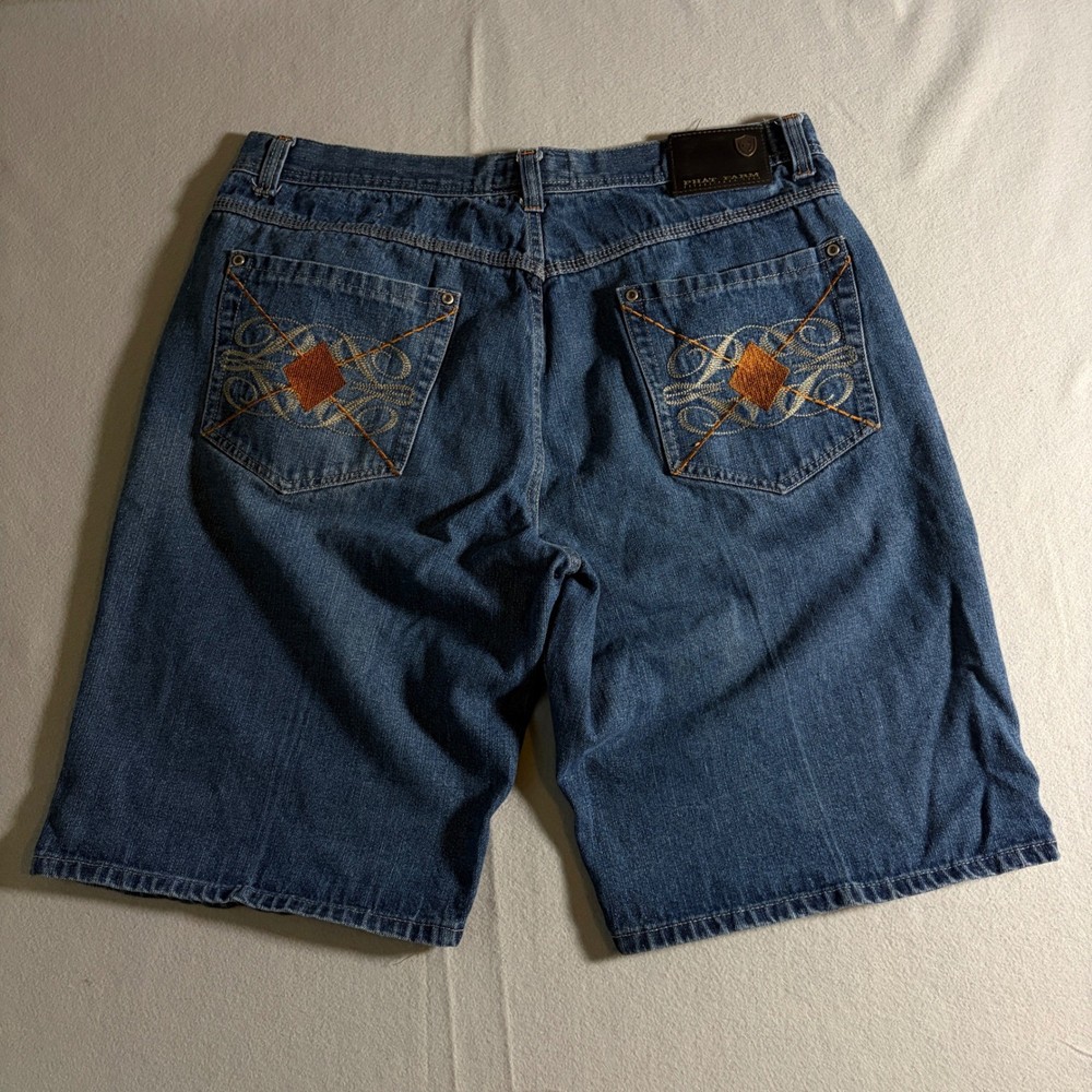 Phat Farm Mens Baggy Denim Shorts Blue Embroidered Size 40 Y2K HipHop Streetwear
