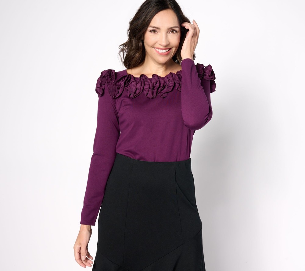 BEAUTIFUL by Lawrence Zarian Women's Top Sz L Silky Ponte Rosette Purple A630468