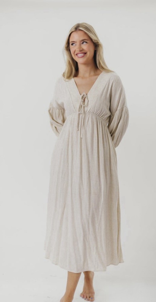 Worth Collective Hunter Linen-Blend Natural Vneck Puff Sleeve MIDI Dress Sz L
