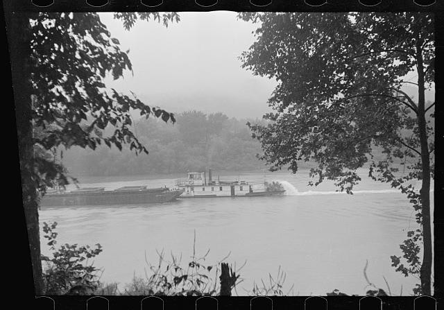 Photo:Riverboat Barge 1930s on River with Trees Landscape