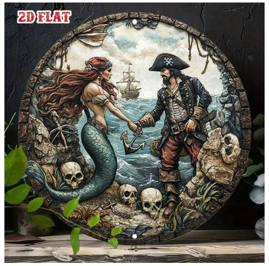 Mermaid Anchor 2D Flat Aluminum Sign, Skeleton Pirate Metal Wall Art Decor, Naut