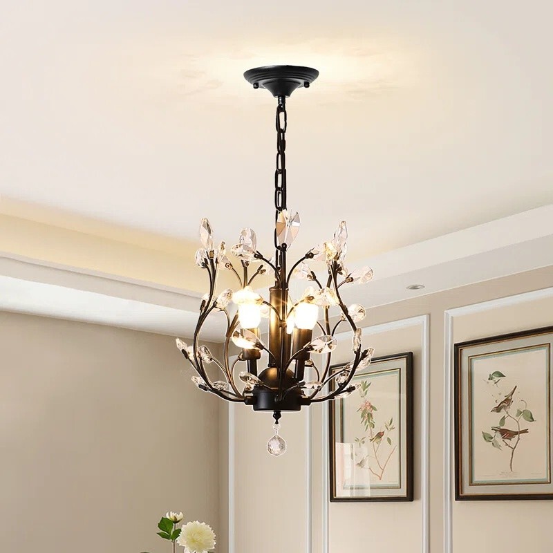 Vintage Crystal Branch Chandeliers, 3-Light Black Hanging Pendant Lighting Lamps