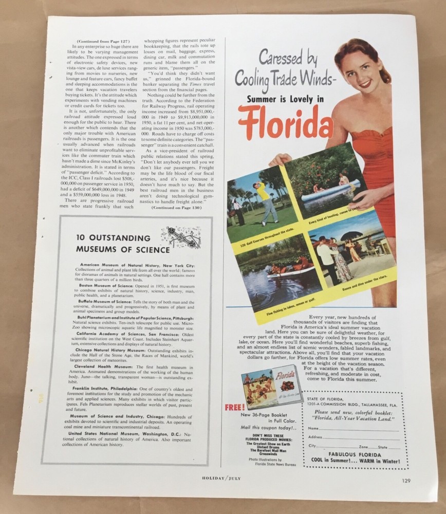 Florida tourism vintge print ad 1952 decor art 50s illustrated retro travel girl