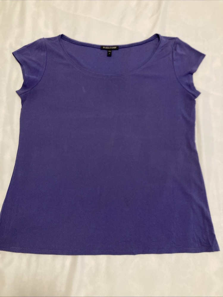 Eileen Fisher Womens Sz Small Purple 100% Silk Scoop Neck Short Cap Sleeve Top